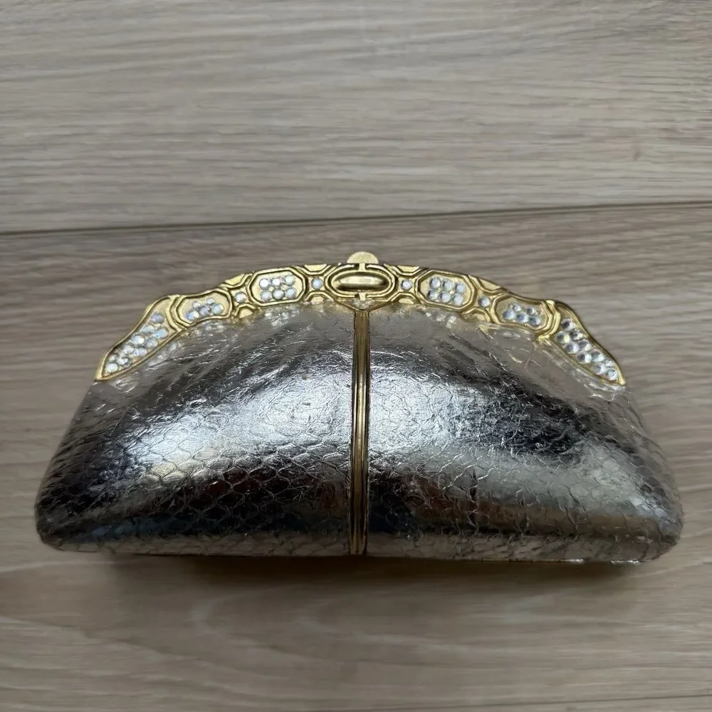 Vintage Clutch Purse Metallic Silver Gold Rhinestone Shoulder Chain Bag